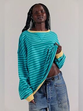 Free People We The Free Classic Striped Oversized Crewneck sweatshirt seaglass